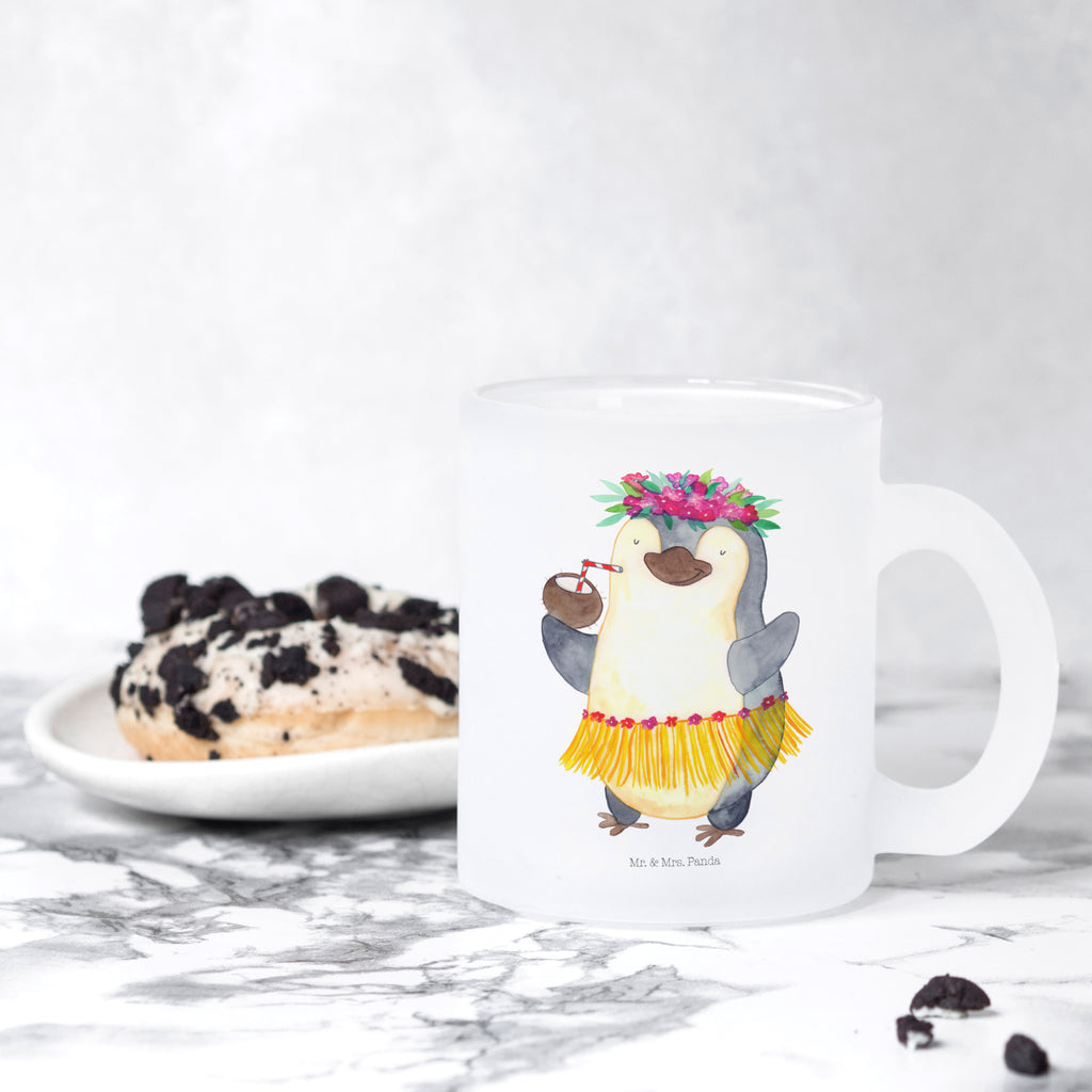 Teetasse Pinguin Kokosnuss Teetasse, Teeglas, Teebecher, Tasse mit Henkel, Tasse, Glas Teetasse, Teetasse aus Glas, Pinguin, Aloha, Hawaii, Urlaub, Kokosnuss, Pinguine