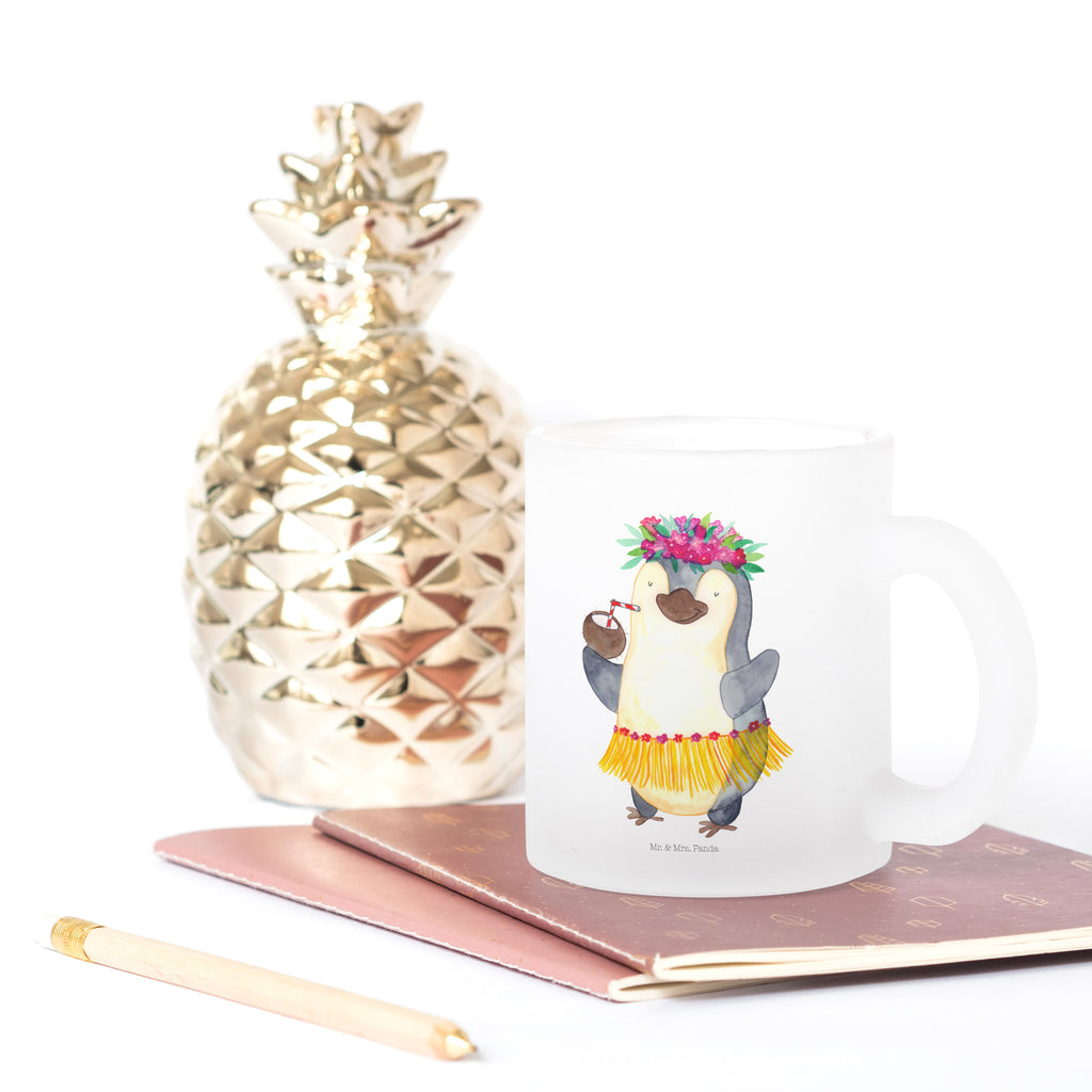 Teetasse Pinguin Kokosnuss Teetasse, Teeglas, Teebecher, Tasse mit Henkel, Tasse, Glas Teetasse, Teetasse aus Glas, Pinguin, Aloha, Hawaii, Urlaub, Kokosnuss, Pinguine