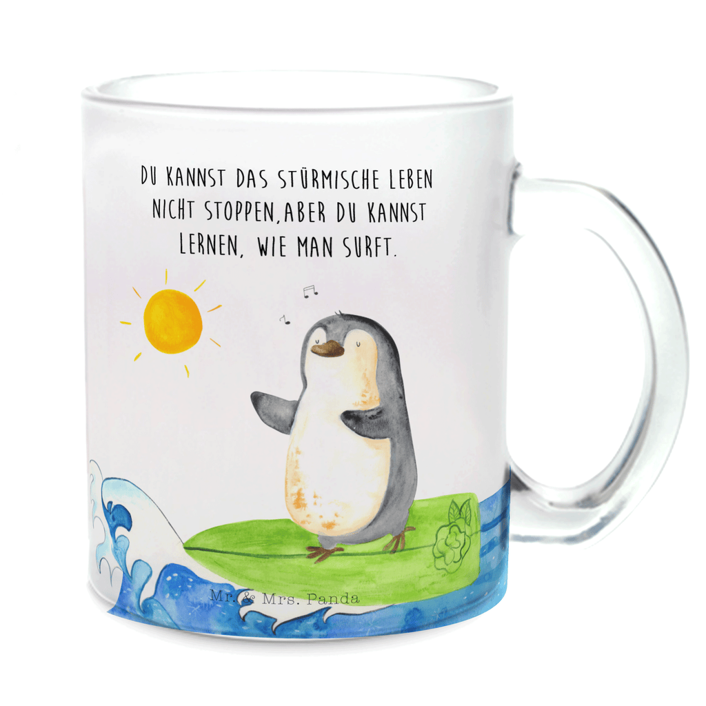 Teetasse Pinguin Surfer Teetasse, Teeglas, Teebecher, Tasse mit Henkel, Tasse, Glas Teetasse, Teetasse aus Glas, Pinguin, Pinguine, surfen, Surfer, Hawaii, Urlaub, Wellen, Wellen reiten, Portugal
