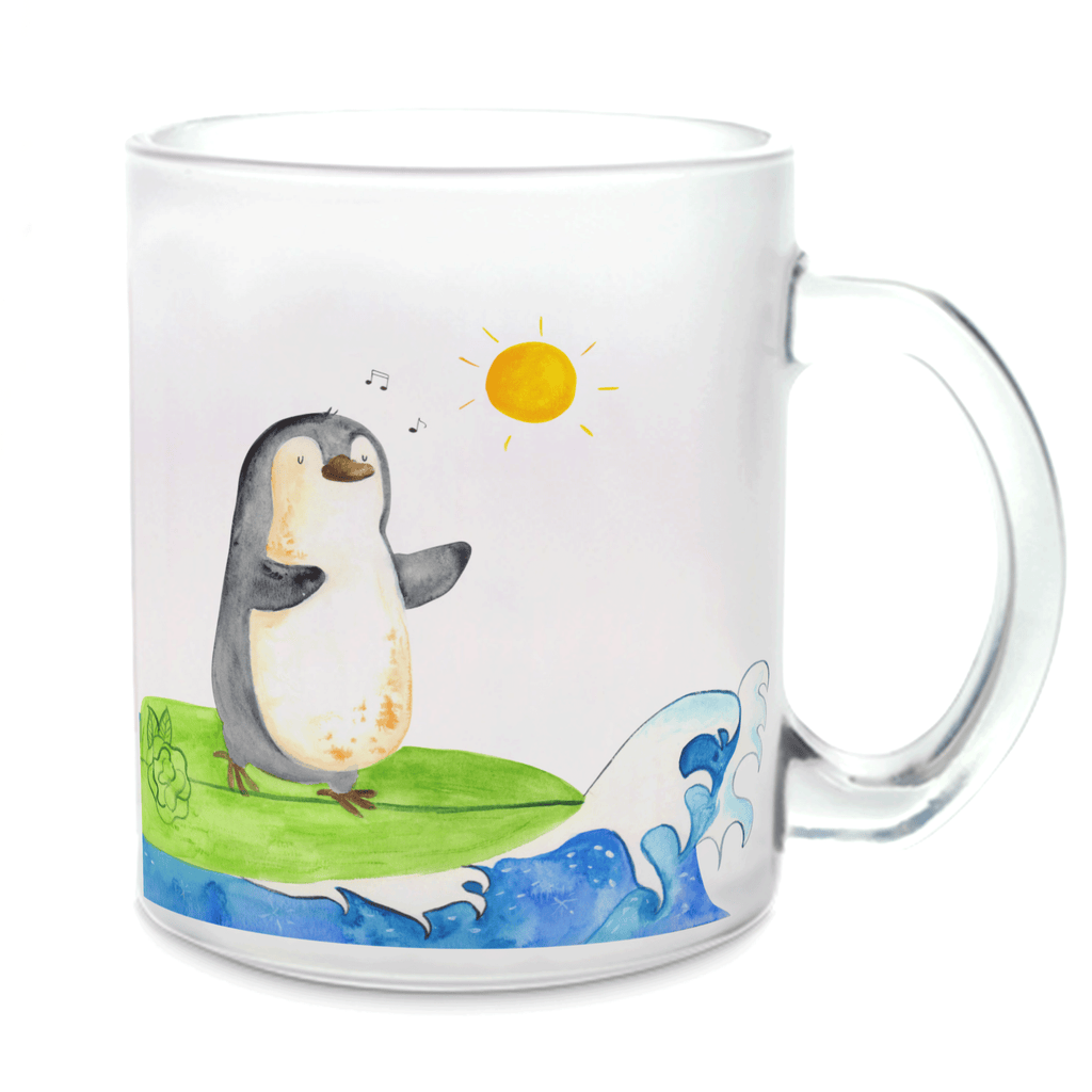 Teetasse Pinguin Surfer Teetasse, Teeglas, Teebecher, Tasse mit Henkel, Tasse, Glas Teetasse, Teetasse aus Glas, Pinguin, Pinguine, surfen, Surfer, Hawaii, Urlaub, Wellen, Wellen reiten, Portugal