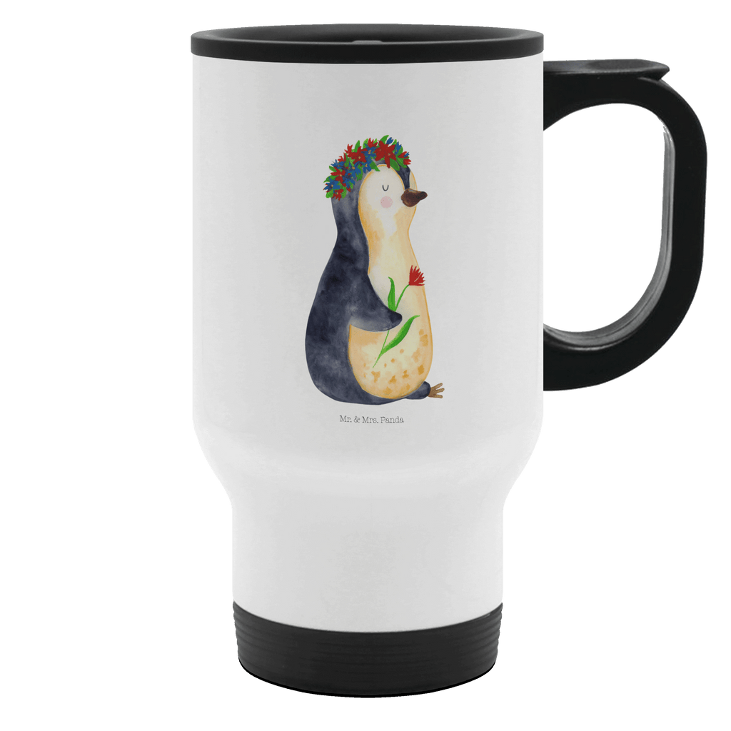Thermobecher Pinguin Blumenkranz Thermobecher, To Go Becher, Thermotasse, Kaffeebecher, Isolierbecher, Thermobecher To Go, Warmhaltetasse, Edelstahlbecher, Reisebecher, Tasse mit Deckel, Thermobecher für 400 ml, Kaffeetasse zum Mitnehmen, Tasse zum Mitnehmen, Spülmaschinenfest, Pinguin, Pinguine, Blumenkranz, Universum, Leben, Wünsche, Ziele, Lebensziele, Motivation, Lebenslust, Liebeskummer, Geschenkidee
