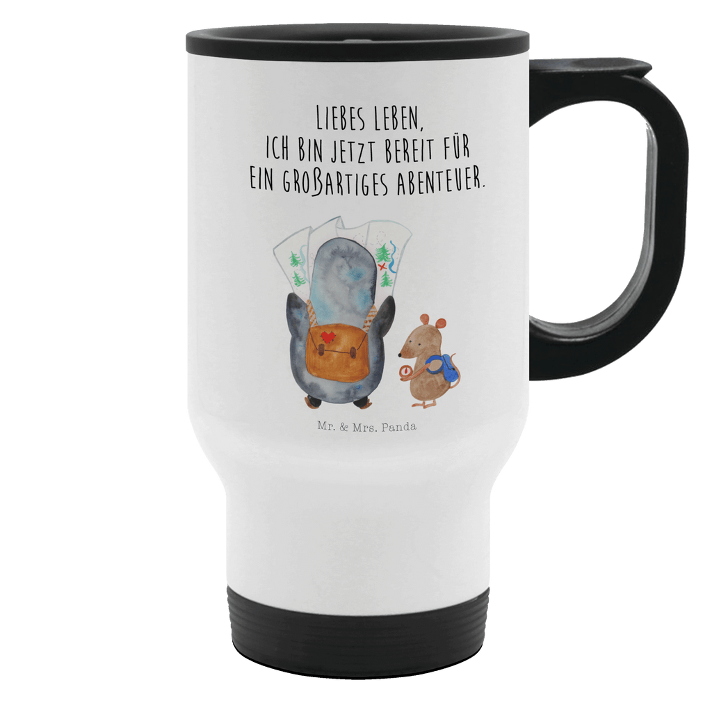 Thermobecher Pinguin & Maus Wanderer Thermobecher, To Go Becher, Thermotasse, Kaffeebecher, Isolierbecher, Thermobecher To Go, Warmhaltetasse, Edelstahlbecher, Reisebecher, Tasse mit Deckel, Thermobecher für 400 ml, Kaffeetasse zum Mitnehmen, Tasse zum Mitnehmen, Spülmaschinenfest, Pinguin, Pinguine, Abenteurer, Abenteuer, Roadtrip, Ausflug, Wanderlust, wandern