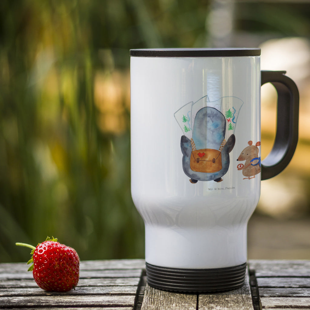 Thermobecher Pinguin & Maus Wanderer Thermobecher, To Go Becher, Thermotasse, Kaffeebecher, Isolierbecher, Thermobecher To Go, Warmhaltetasse, Edelstahlbecher, Reisebecher, Tasse mit Deckel, Thermobecher für 400 ml, Kaffeetasse zum Mitnehmen, Tasse zum Mitnehmen, Spülmaschinenfest, Pinguin, Pinguine, Abenteurer, Abenteuer, Roadtrip, Ausflug, Wanderlust, wandern