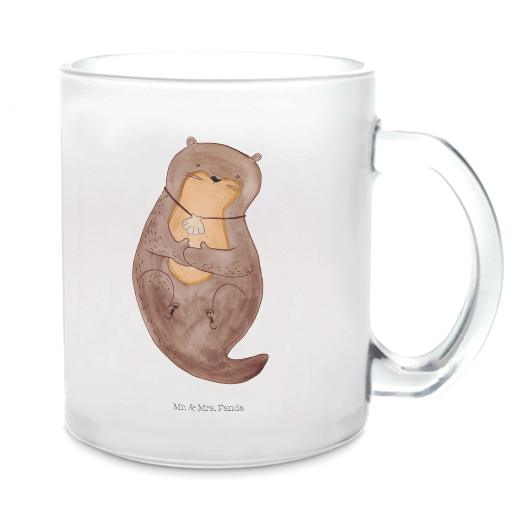 Teetasse Otter mit Muschelmedaillon Teetasse, Teeglas, Teebecher, Tasse mit Henkel, Tasse, Glas Teetasse, Teetasse aus Glas, Otter, Fischotter, Seeotter, Otterliebe, grübeln, träumen, Motivation, Tagträumen, Büro