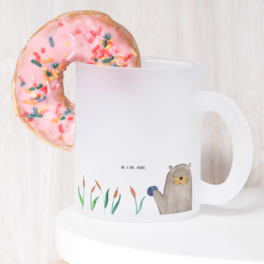 Teetasse Otter mit Stein Teetasse, Teeglas, Teebecher, Tasse mit Henkel, Tasse, Glas Teetasse, Teetasse aus Glas, Otter, Fischotter, Seeotter, Otter Seeotter See Otter