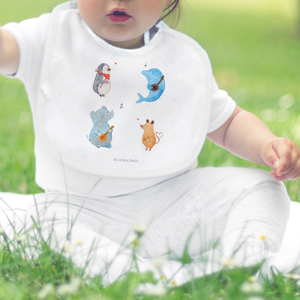 Organic Babylätzchen Big Band Baby, Lätzchen, Spucktuch, Sabberlätzchen, Klettlätzchen, Babygeschenk, Baby Lätzchen, Geschenk für Geburt, Geschenk zur Geburt, Baby Spucktuch, Babyausstattung, Geschenkidee für Babyparty, Tiermotive, Gute Laune, lustige Sprüche, Tiere, Hund, Pinguin, Maus, Elefant, Delfin, Gitarre, Band, Triangel, Musikanten, Musik