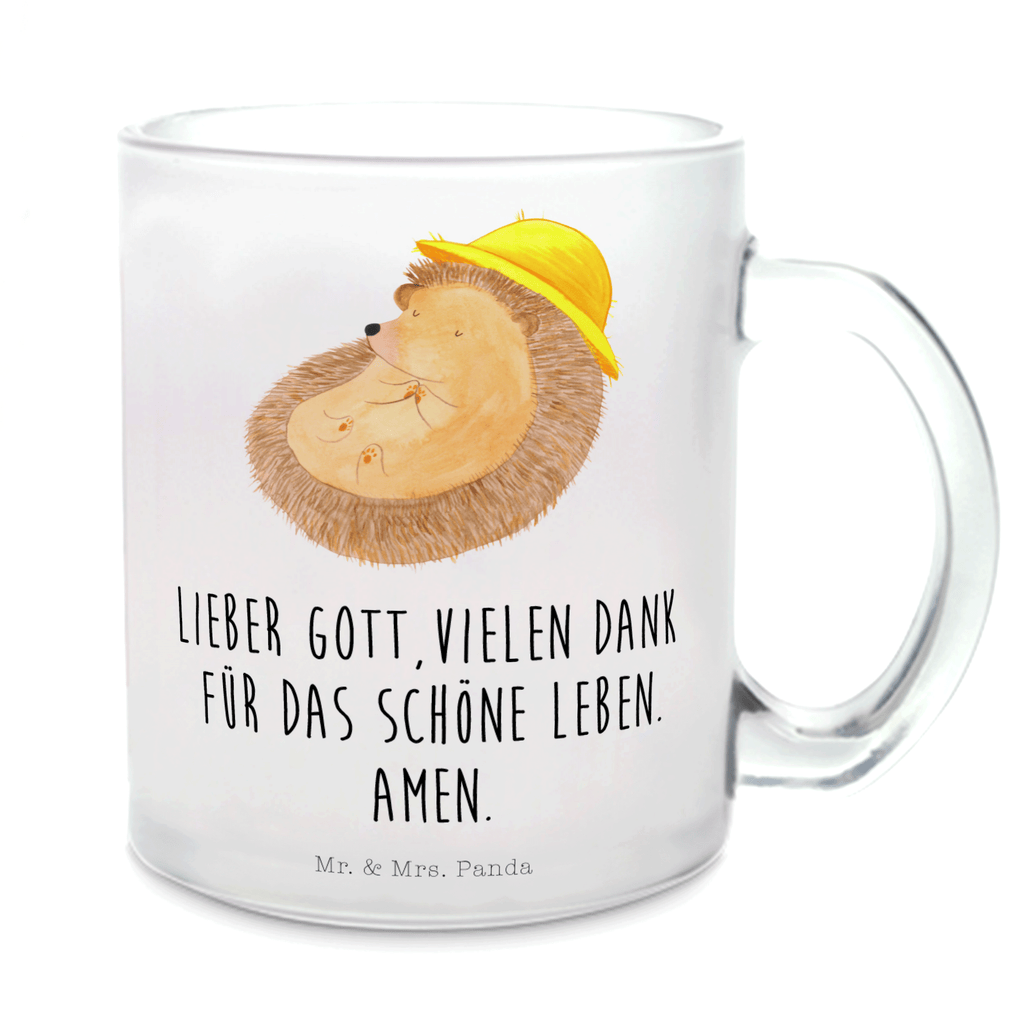 Teetasse Igel betet Teetasse, Teeglas, Teebecher, Tasse mit Henkel, Tasse, Glas Teetasse, Teetasse aus Glas, Tiermotive, Gute Laune, lustige Sprüche, Tiere, Igel, Igel mit Hut, Sonnenhut, Gott, Amen, beten, Leben, Dankbarkeit, Dankbar sein, dankbar, genießen