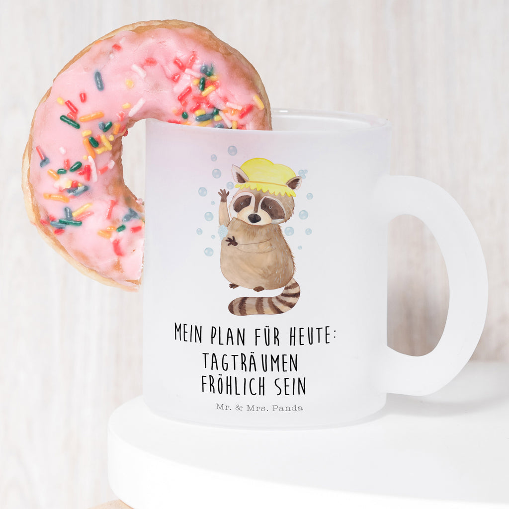 Teetasse Waschbär Teetasse, Teeglas, Teebecher, Tasse mit Henkel, Tasse, Glas Teetasse, Teetasse aus Glas, Tiermotive, Gute Laune, lustige Sprüche, Tiere, Waschbär, Tagträumen, Plan, Fröhlich, waschen, Seifenblasen