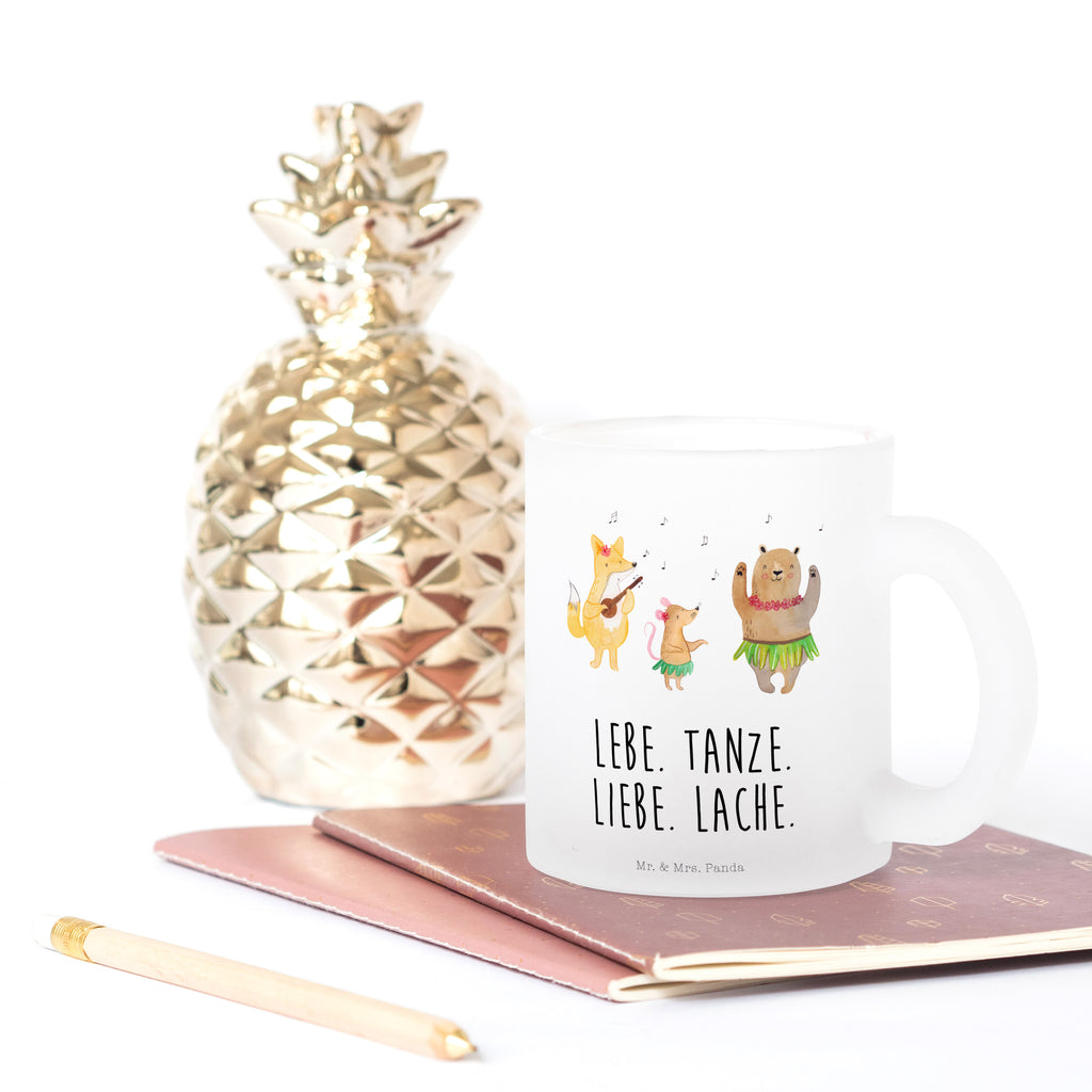 Teetasse Waldtiere Aloha Teetasse, Teeglas, Teebecher, Tasse mit Henkel, Tasse, Glas Teetasse, Teetasse aus Glas, Tiermotive, Gute Laune, lustige Sprüche, Tiere, Wald, Waldtiere, Musik, Aloha, Bär, Hase, Igel, Tanzen, Leben, Lachen