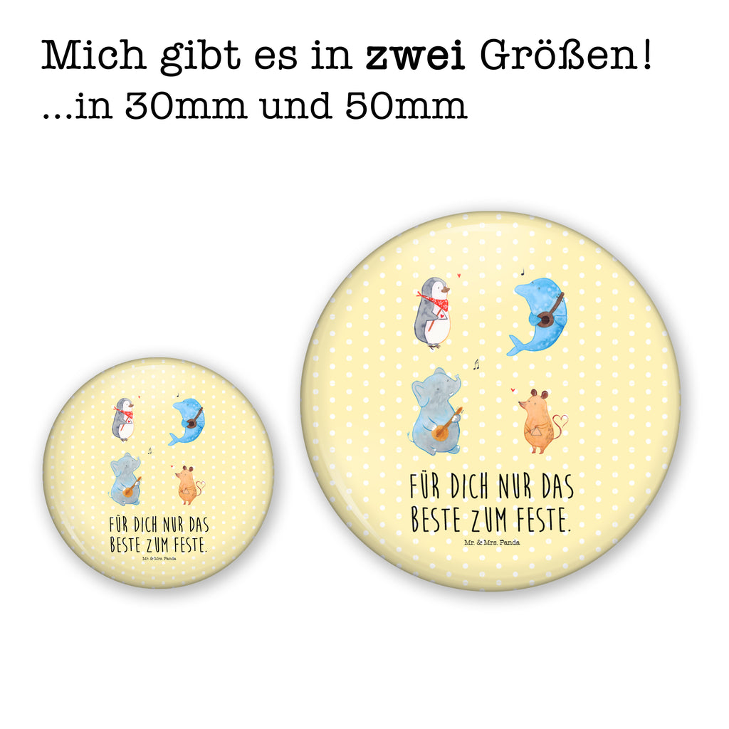 50mm Button Big Band 50mm Button, Button, Pin, Anstecknadel, Tiermotive, Gute Laune, lustige Sprüche, Tiere, Hund, Pinguin, Maus, Elefant, Delfin, Gitarre, Band, Triangel, Musikanten, Musik
