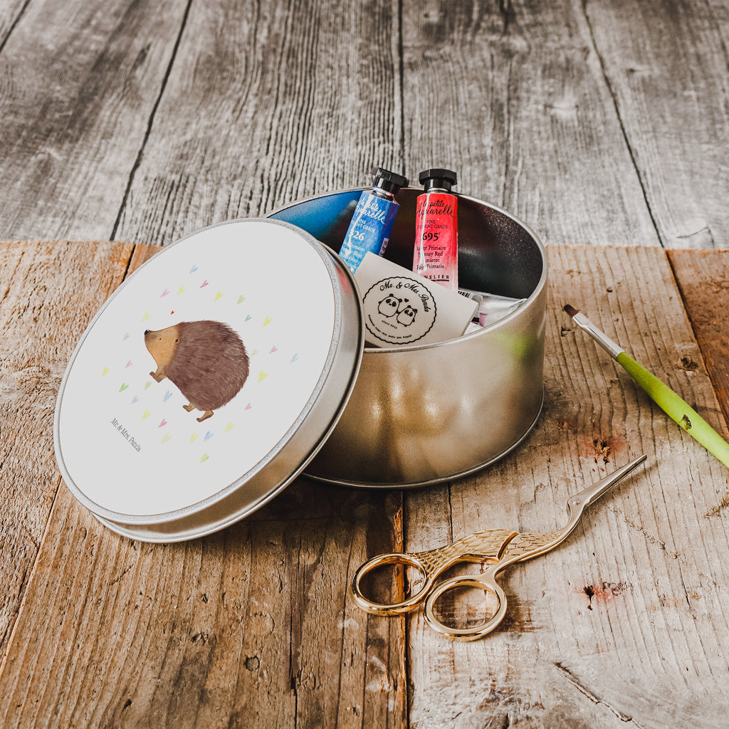Blechdose rund Igel Herzen Metalldose, Keksdose, Dose, Vorratsdose, Geschenkbox, Tiermotive, Gute Laune, lustige Sprüche, Tiere, Liebe, Herz, Herzen, Igel, Vertrauen, Kuss, Leben