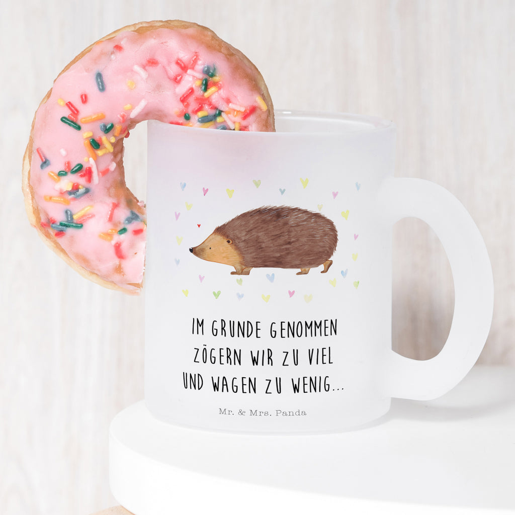 Teetasse Igel Herzen Teetasse, Teeglas, Teebecher, Tasse mit Henkel, Tasse, Glas Teetasse, Teetasse aus Glas, Tiermotive, Gute Laune, lustige Sprüche, Tiere, Liebe, Herz, Herzen, Igel, Vertrauen, Kuss, Leben