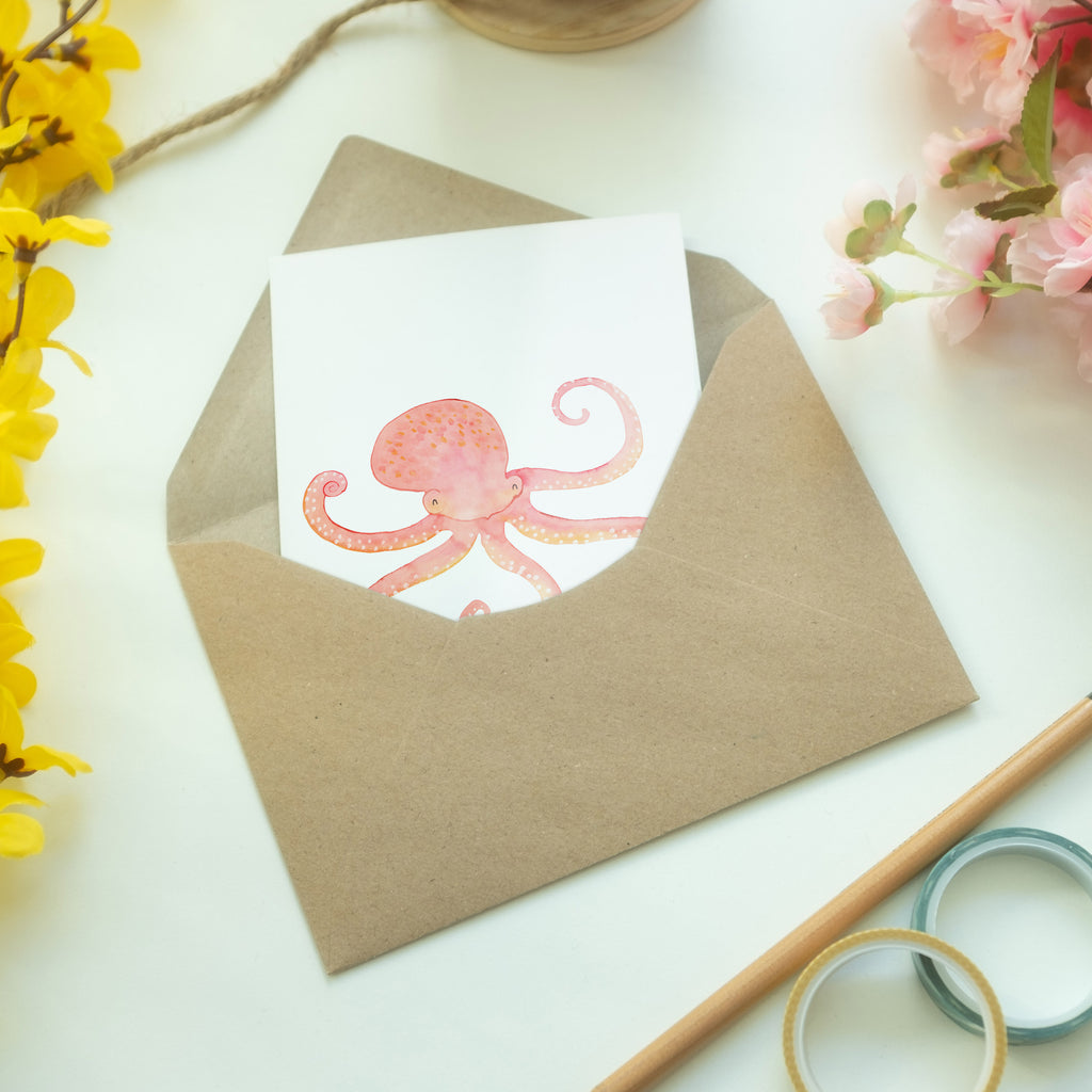 Grußkarte Tintenfisch Klappkarte, Einladungskarte, Glückwunschkarte, Hochzeitskarte, Geburtstagskarte, Karte, Tiermotive, Gute Laune, lustige Sprüche, Tiere, Meer, Meerestier, Krake, Tintenfisch, Arme, Wasser, Ozean