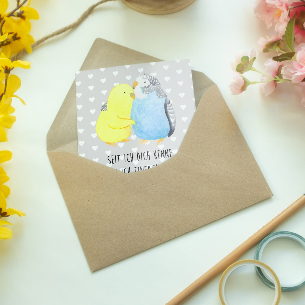 Grußkarte Wellensittich Liebe Klappkarte, Einladungskarte, Glückwunschkarte, Hochzeitskarte, Geburtstagskarte, Karte, Liebe, Partner, Freund, Freundin, Ehemann, Ehefrau, Heiraten, Verlobung, Heiratsantrag, Liebesgeschenk, Jahrestag, Hocheitstag, Vögel, Wellensittich, Nähe, Kuscheln, Vertrauen