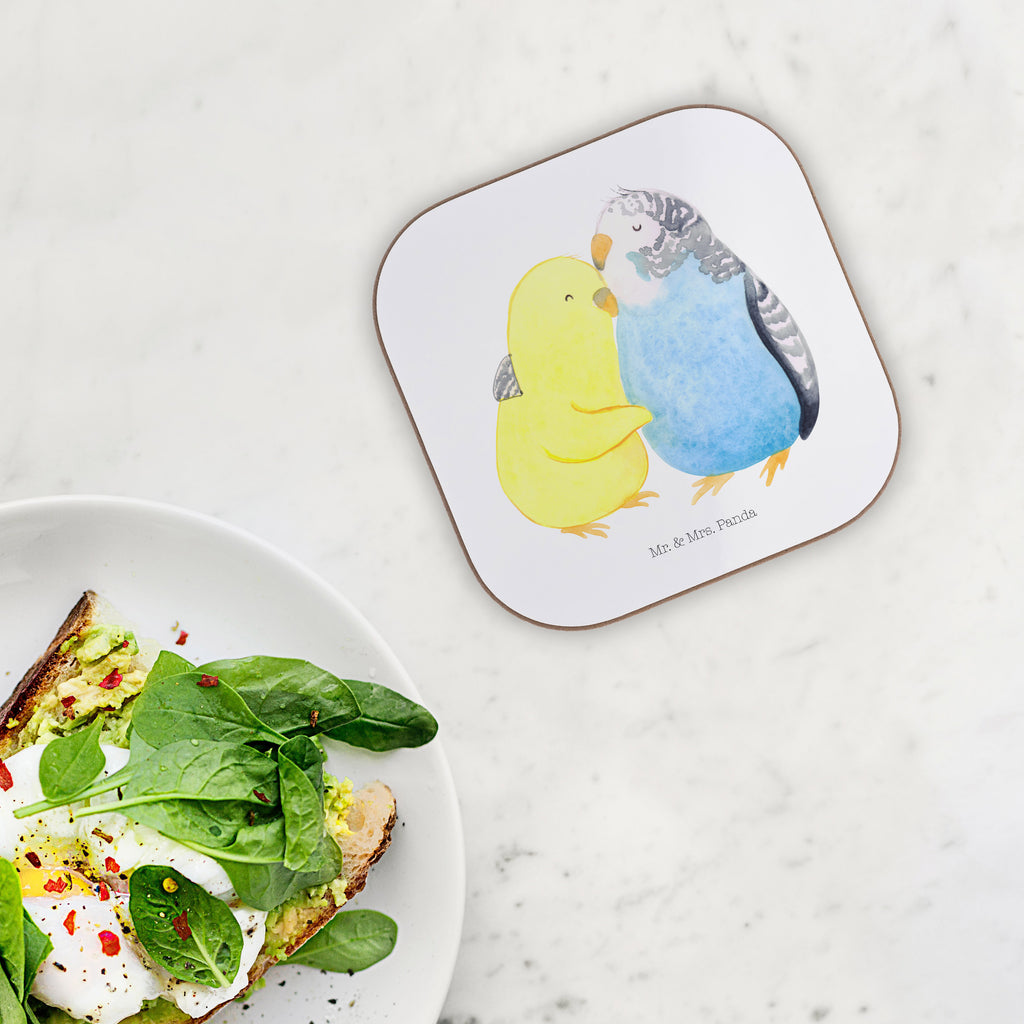 Quadratische Untersetzer Wellensittich Liebe Bierdeckel, Glasuntersetzer, Untersetzer Gläser, Getränkeuntersetzer, Liebe, Partner, Freund, Freundin, Ehemann, Ehefrau, Heiraten, Verlobung, Heiratsantrag, Liebesgeschenk, Jahrestag, Hocheitstag, Vögel, Wellensittich, Nähe, Kuscheln, Vertrauen