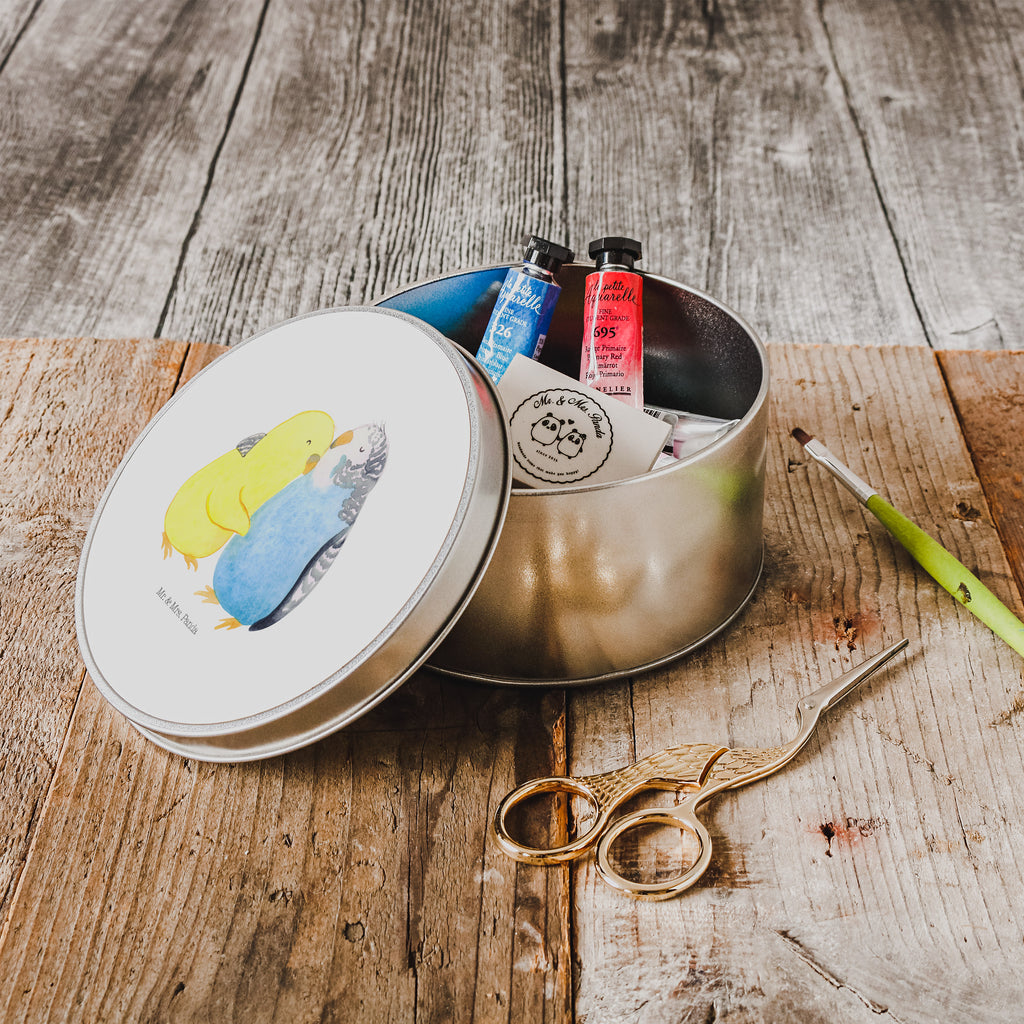 Blechdose rund Wellensittich Liebe Metalldose, Keksdose, Dose, Vorratsdose, Geschenkbox, Liebe, Partner, Freund, Freundin, Ehemann, Ehefrau, Heiraten, Verlobung, Heiratsantrag, Liebesgeschenk, Jahrestag, Hocheitstag, Vögel, Wellensittich, Nähe, Kuscheln, Vertrauen
