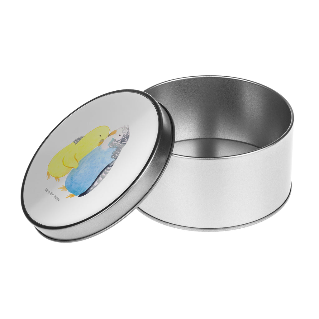 Blechdose rund Wellensittich Liebe Metalldose, Keksdose, Dose, Vorratsdose, Geschenkbox, Liebe, Partner, Freund, Freundin, Ehemann, Ehefrau, Heiraten, Verlobung, Heiratsantrag, Liebesgeschenk, Jahrestag, Hocheitstag, Vögel, Wellensittich, Nähe, Kuscheln, Vertrauen