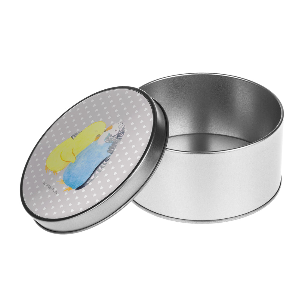 Blechdose rund Wellensittich Liebe Metalldose, Keksdose, Dose, Vorratsdose, Geschenkbox, Liebe, Partner, Freund, Freundin, Ehemann, Ehefrau, Heiraten, Verlobung, Heiratsantrag, Liebesgeschenk, Jahrestag, Hocheitstag, Vögel, Wellensittich, Nähe, Kuscheln, Vertrauen