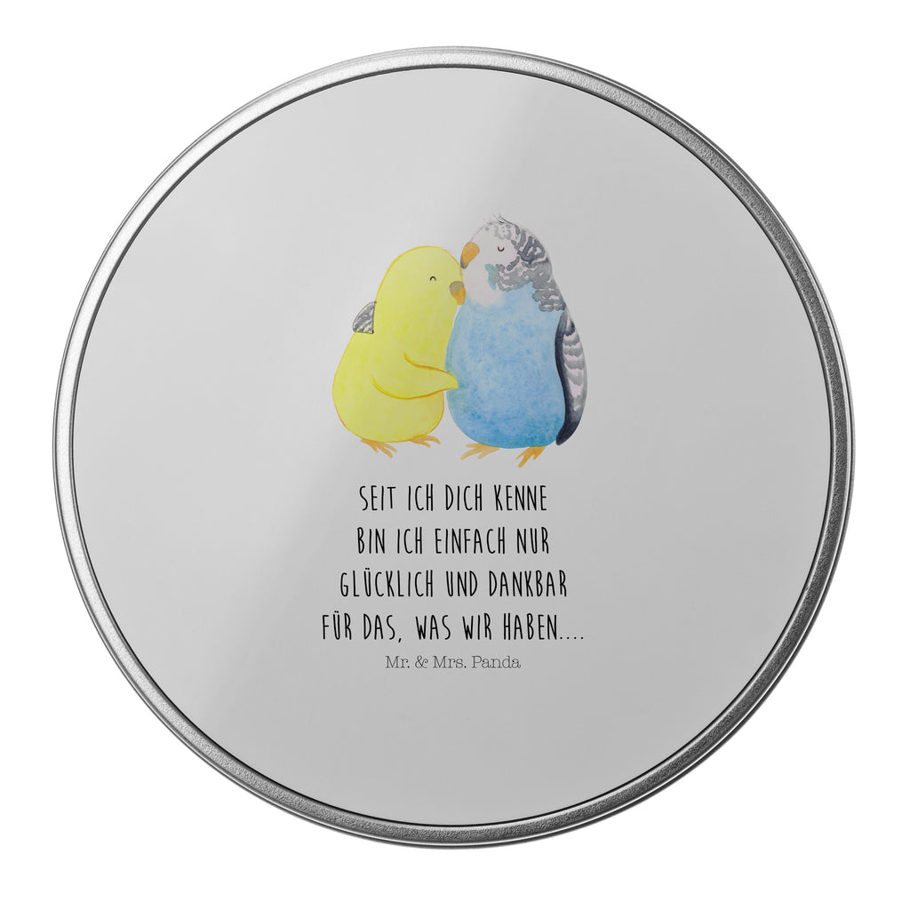 Blechdose rund Wellensittich Liebe Metalldose, Keksdose, Dose, Vorratsdose, Geschenkbox, Liebe, Partner, Freund, Freundin, Ehemann, Ehefrau, Heiraten, Verlobung, Heiratsantrag, Liebesgeschenk, Jahrestag, Hocheitstag, Vögel, Wellensittich, Nähe, Kuscheln, Vertrauen