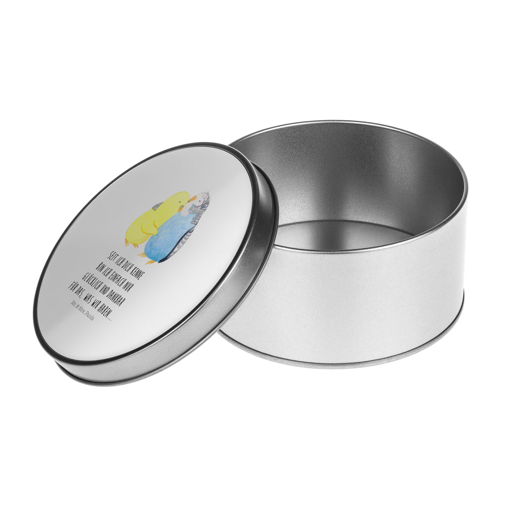Blechdose rund Wellensittich Liebe Metalldose, Keksdose, Dose, Vorratsdose, Geschenkbox, Liebe, Partner, Freund, Freundin, Ehemann, Ehefrau, Heiraten, Verlobung, Heiratsantrag, Liebesgeschenk, Jahrestag, Hocheitstag, Vögel, Wellensittich, Nähe, Kuscheln, Vertrauen