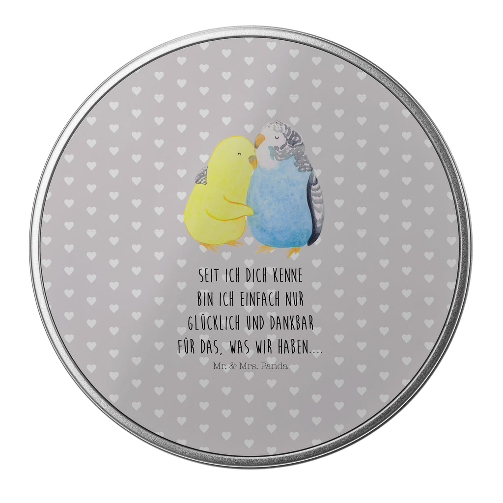 Blechdose rund Wellensittich Liebe Metalldose, Keksdose, Dose, Vorratsdose, Geschenkbox, Liebe, Partner, Freund, Freundin, Ehemann, Ehefrau, Heiraten, Verlobung, Heiratsantrag, Liebesgeschenk, Jahrestag, Hocheitstag, Vögel, Wellensittich, Nähe, Kuscheln, Vertrauen