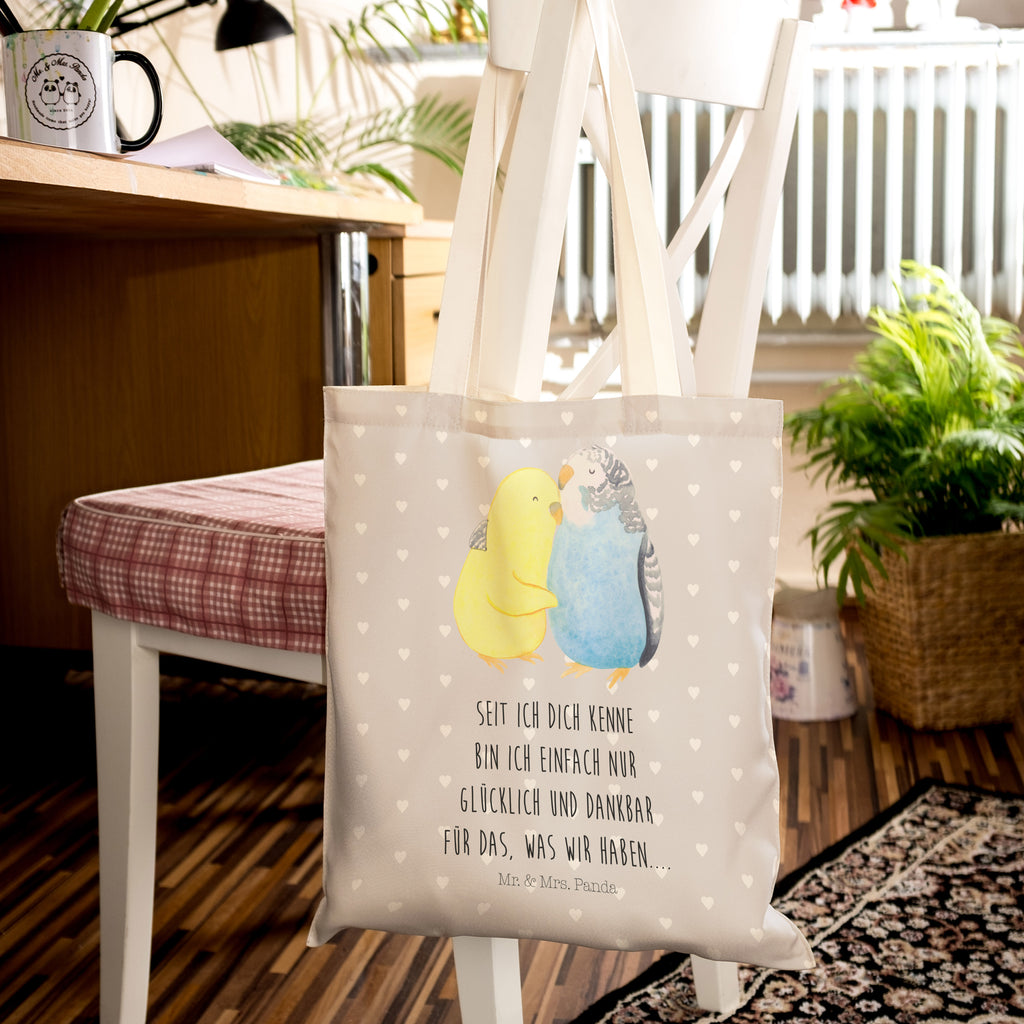 Einkaufstasche Wellensittich Liebe Tragetasche, Tasche, Beutel, Stofftasche, Baumwolltasche, Umhängetasche, Shopper, Liebe, Partner, Freund, Freundin, Ehemann, Ehefrau, Heiraten, Verlobung, Heiratsantrag, Liebesgeschenk, Jahrestag, Hocheitstag, Vögel, Wellensittich, Nähe, Kuscheln, Vertrauen
