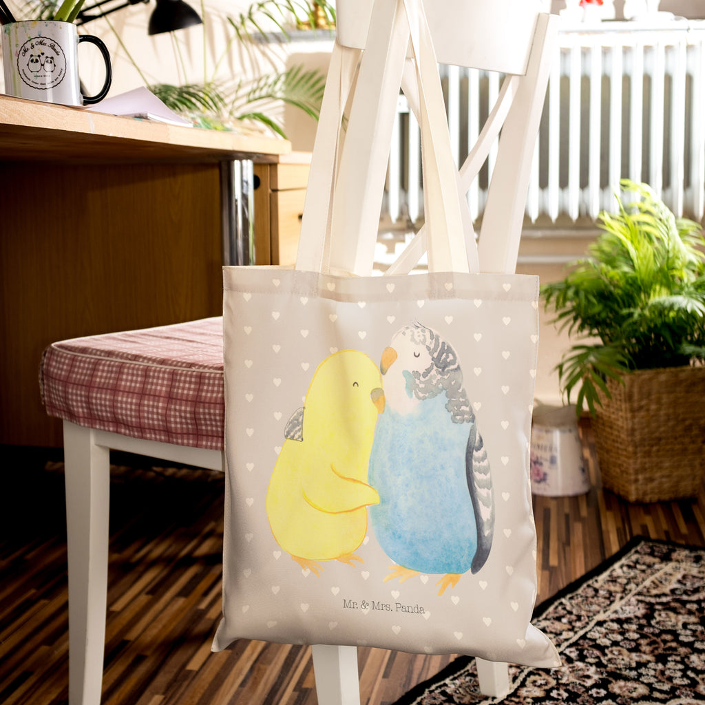 Einkaufstasche Wellensittich Liebe Tragetasche, Tasche, Beutel, Stofftasche, Baumwolltasche, Umhängetasche, Shopper, Liebe, Partner, Freund, Freundin, Ehemann, Ehefrau, Heiraten, Verlobung, Heiratsantrag, Liebesgeschenk, Jahrestag, Hocheitstag, Vögel, Wellensittich, Nähe, Kuscheln, Vertrauen