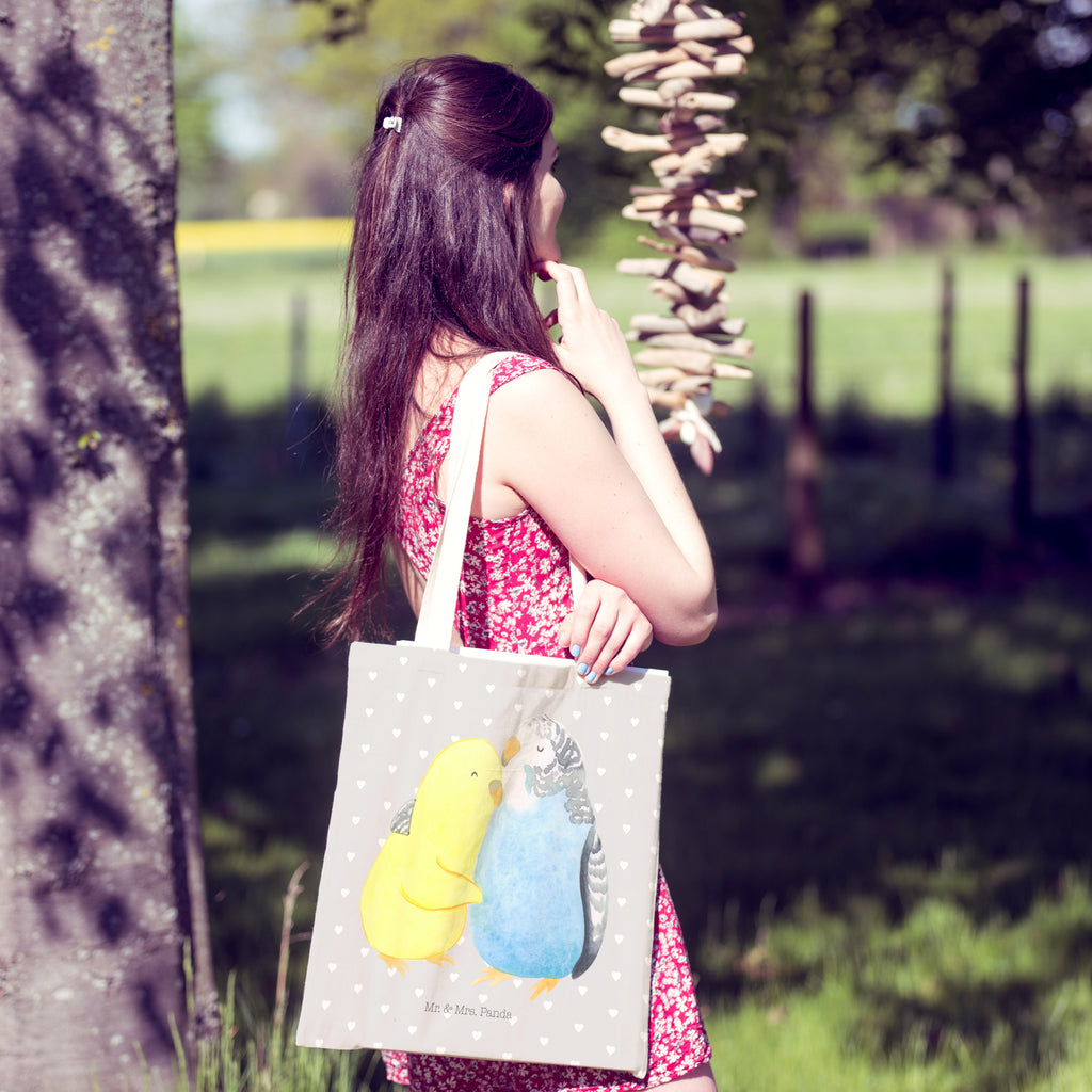 Einkaufstasche Wellensittich Liebe Tragetasche, Tasche, Beutel, Stofftasche, Baumwolltasche, Umhängetasche, Shopper, Liebe, Partner, Freund, Freundin, Ehemann, Ehefrau, Heiraten, Verlobung, Heiratsantrag, Liebesgeschenk, Jahrestag, Hocheitstag, Vögel, Wellensittich, Nähe, Kuscheln, Vertrauen