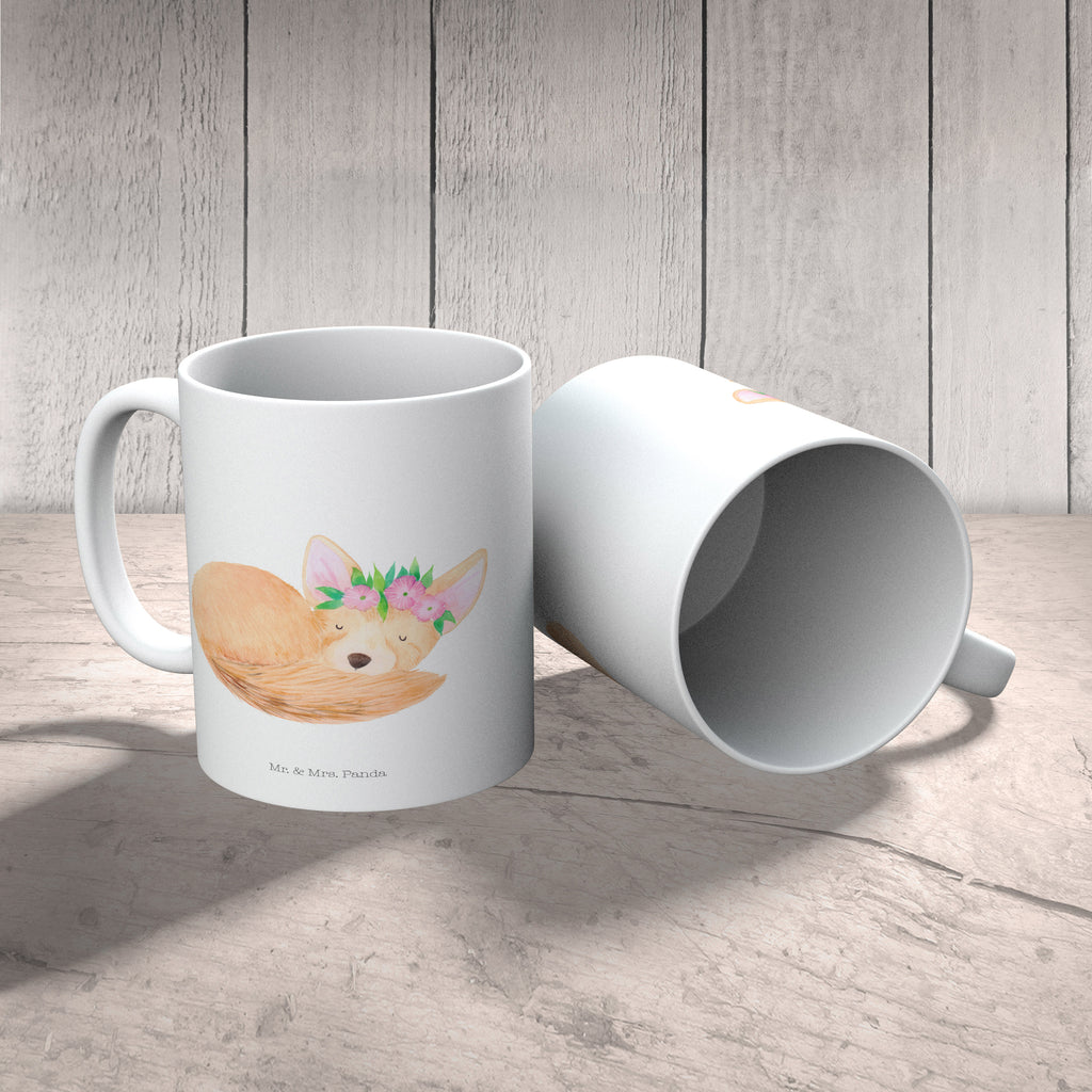 Tasse Wüstenfuchs Blumenkranz Afrika, Wüste, Wüstenfuchs, Blumen, Blumenkranz, Glücklich,  Becher, Kaffeetasse, Kaffeebecher, Tee, Frühstück, Büro  Afrika, Wildtiere