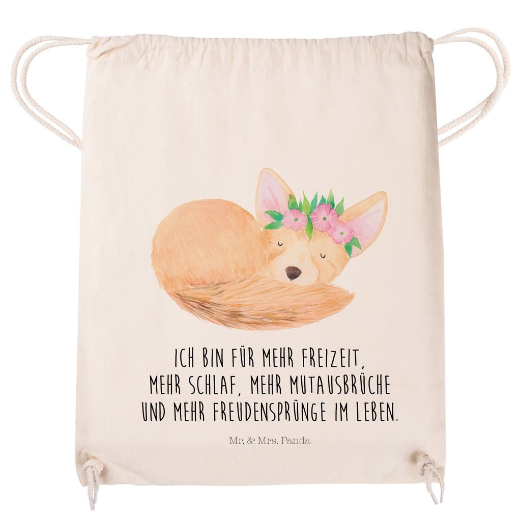 Sportbeutel Wüstenfuchs Blumenkranz Turnbeutel, Beutel, Sporttasche, Tasche, Stoffbeutel, Afrika, Wildtiere, Wüste, Wüstenfuchs, Blumen, Blumenkranz, Glücklich