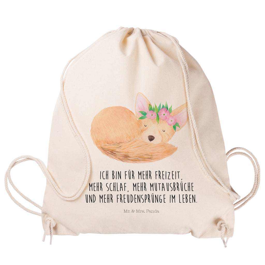 Sportbeutel Wüstenfuchs Blumenkranz Turnbeutel, Beutel, Sporttasche, Tasche, Stoffbeutel, Afrika, Wildtiere, Wüste, Wüstenfuchs, Blumen, Blumenkranz, Glücklich