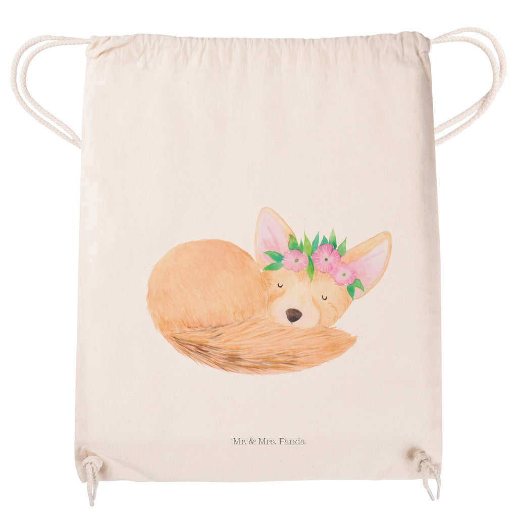 Sportbeutel Wüstenfuchs Blumenkranz Turnbeutel, Beutel, Sporttasche, Tasche, Stoffbeutel, Afrika, Wildtiere, Wüste, Wüstenfuchs, Blumen, Blumenkranz, Glücklich