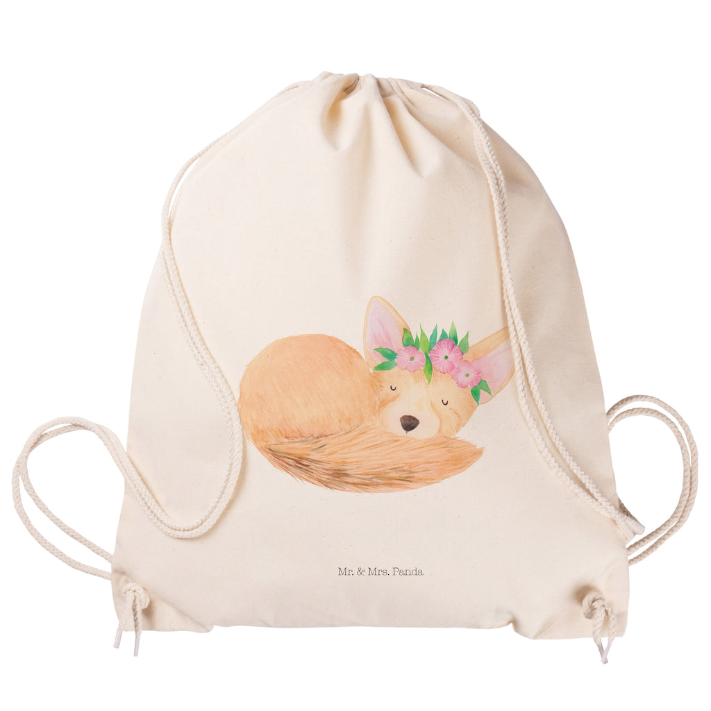 Sportbeutel Wüstenfuchs Blumenkranz Turnbeutel, Beutel, Sporttasche, Tasche, Stoffbeutel, Afrika, Wildtiere, Wüste, Wüstenfuchs, Blumen, Blumenkranz, Glücklich