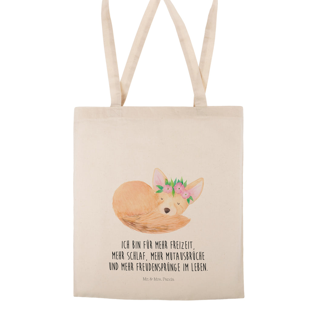 Tragetasche Wüstenfuchs Blumenkranz Beuteltasche, Beutel, Einkaufstasche, Jutebeutel, Stoffbeutel, Afrika, Wildtiere, Wüste, Wüstenfuchs, Blumen, Blumenkranz, Glücklich