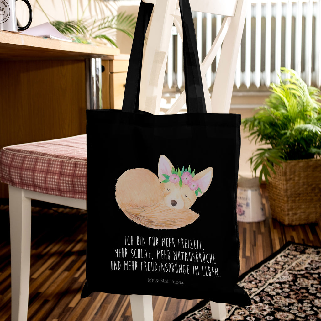 Tragetasche Wüstenfuchs Blumenkranz Beuteltasche, Beutel, Einkaufstasche, Jutebeutel, Stoffbeutel, Afrika, Wildtiere, Wüste, Wüstenfuchs, Blumen, Blumenkranz, Glücklich