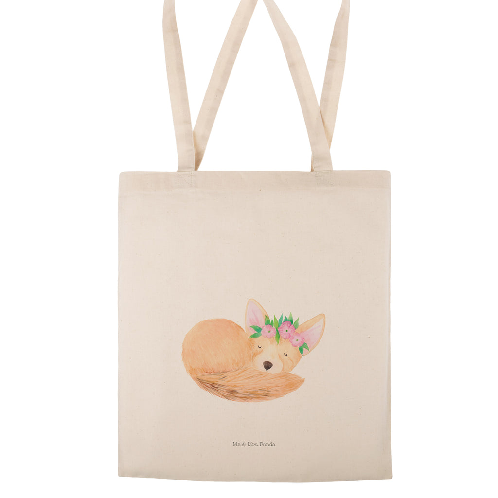 Tragetasche Wüstenfuchs Blumenkranz Beuteltasche, Beutel, Einkaufstasche, Jutebeutel, Stoffbeutel, Afrika, Wildtiere, Wüste, Wüstenfuchs, Blumen, Blumenkranz, Glücklich