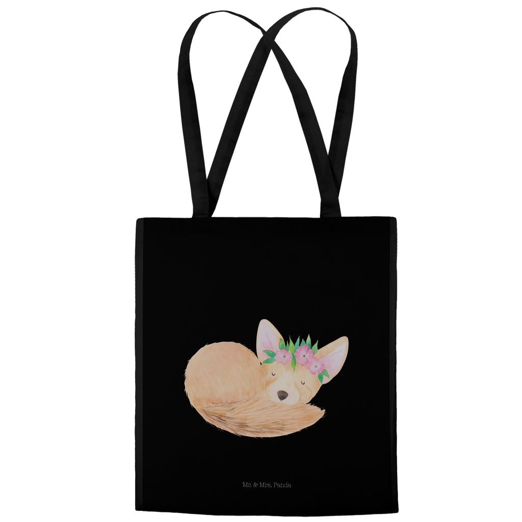 Tragetasche Wüstenfuchs Blumenkranz Beuteltasche, Beutel, Einkaufstasche, Jutebeutel, Stoffbeutel, Afrika, Wildtiere, Wüste, Wüstenfuchs, Blumen, Blumenkranz, Glücklich