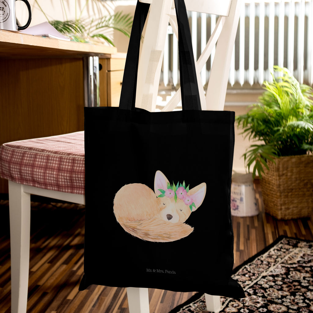 Tragetasche Wüstenfuchs Blumenkranz Beuteltasche, Beutel, Einkaufstasche, Jutebeutel, Stoffbeutel, Afrika, Wildtiere, Wüste, Wüstenfuchs, Blumen, Blumenkranz, Glücklich