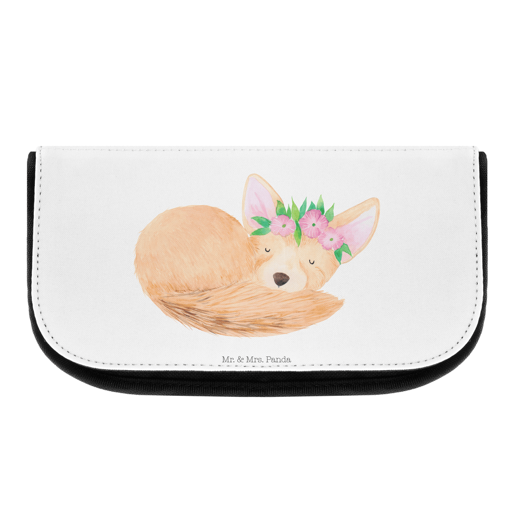 Kosmetiktasche Wüstenfuchs Blumenkranz Kosmetikbeutel, Kulturtasche, Kulturbeutel, Schminktasche, Make-Up Tasche, Afrika, Wildtiere, Wüste, Wüstenfuchs, Blumen, Blumenkranz, Glücklich