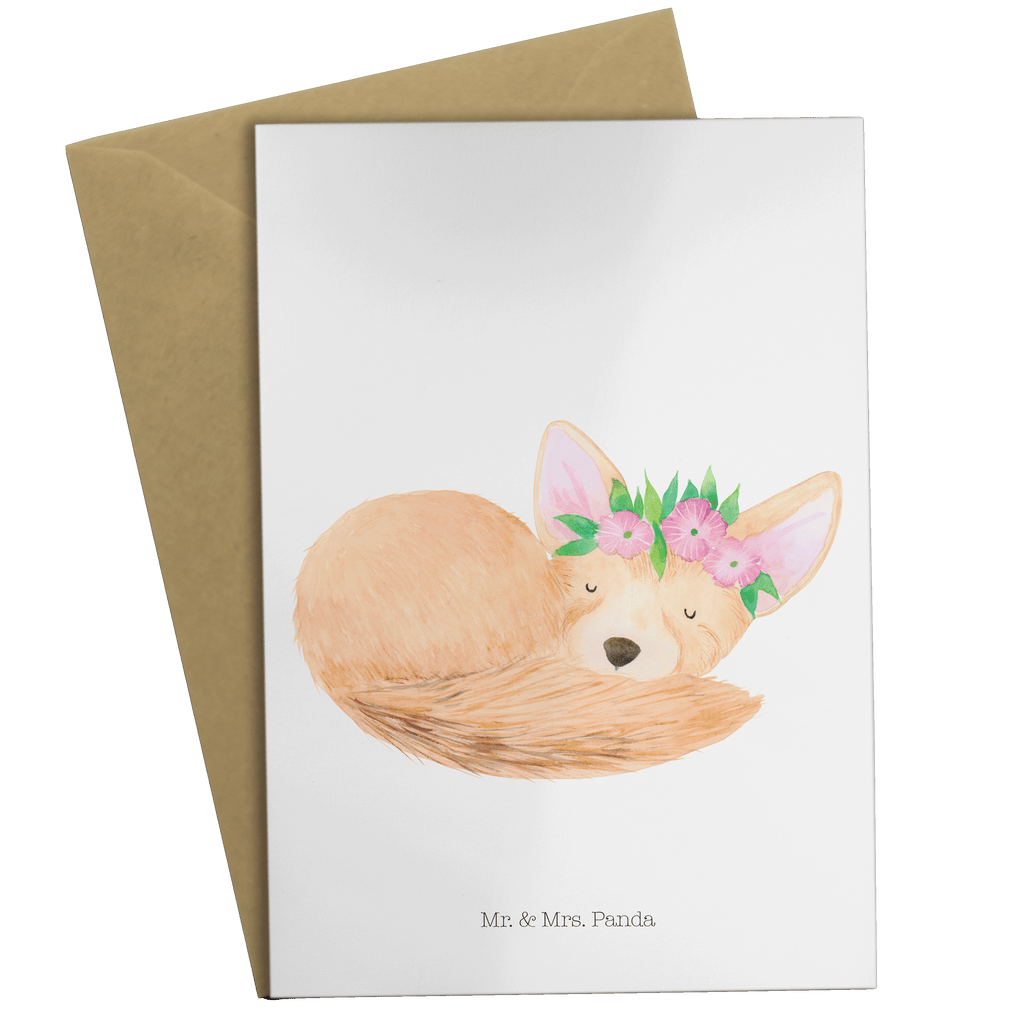 Grußkarte Wüstenfuchs Blumenkranz Klappkarte, Einladungskarte, Glückwunschkarte, Hochzeitskarte, Geburtstagskarte, Karte, Afrika, Wildtiere, Wüste, Wüstenfuchs, Blumen, Blumenkranz, Glücklich