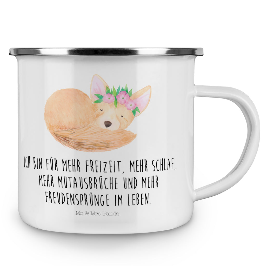 Camping Emaille Tasse Wüstenfuchs Blumenkranz Campingtasse, Trinkbecher, Metalltasse, Outdoor Tasse, Emaille Trinkbecher, Blechtasse Outdoor, Emaille Campingbecher, Edelstahl Trinkbecher, Metalltasse für Camping, Kaffee Blechtasse, Camping Tasse Metall, Afrika, Wildtiere, Wüste, Wüstenfuchs, Blumen, Blumenkranz, Glücklich