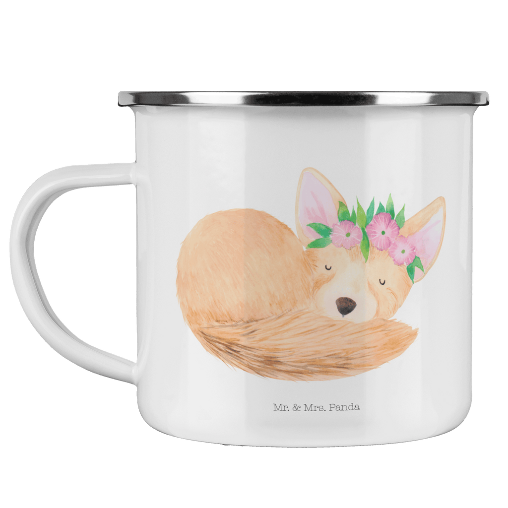 Camping Emaille Tasse Wüstenfuchs Blumenkranz Campingtasse, Trinkbecher, Metalltasse, Outdoor Tasse, Emaille Trinkbecher, Blechtasse Outdoor, Emaille Campingbecher, Edelstahl Trinkbecher, Metalltasse für Camping, Kaffee Blechtasse, Camping Tasse Metall, Afrika, Wildtiere, Wüste, Wüstenfuchs, Blumen, Blumenkranz, Glücklich