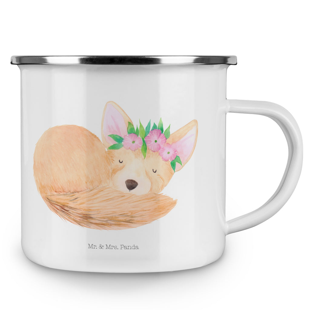 Camping Emaille Tasse Wüstenfuchs Blumenkranz Campingtasse, Trinkbecher, Metalltasse, Outdoor Tasse, Emaille Trinkbecher, Blechtasse Outdoor, Emaille Campingbecher, Edelstahl Trinkbecher, Metalltasse für Camping, Kaffee Blechtasse, Camping Tasse Metall, Afrika, Wildtiere, Wüste, Wüstenfuchs, Blumen, Blumenkranz, Glücklich