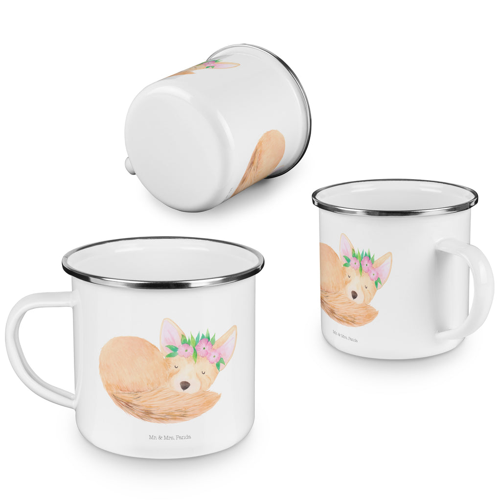 Camping Emaille Tasse Wüstenfuchs Blumenkranz Campingtasse, Trinkbecher, Metalltasse, Outdoor Tasse, Emaille Trinkbecher, Blechtasse Outdoor, Emaille Campingbecher, Edelstahl Trinkbecher, Metalltasse für Camping, Kaffee Blechtasse, Camping Tasse Metall, Afrika, Wildtiere, Wüste, Wüstenfuchs, Blumen, Blumenkranz, Glücklich