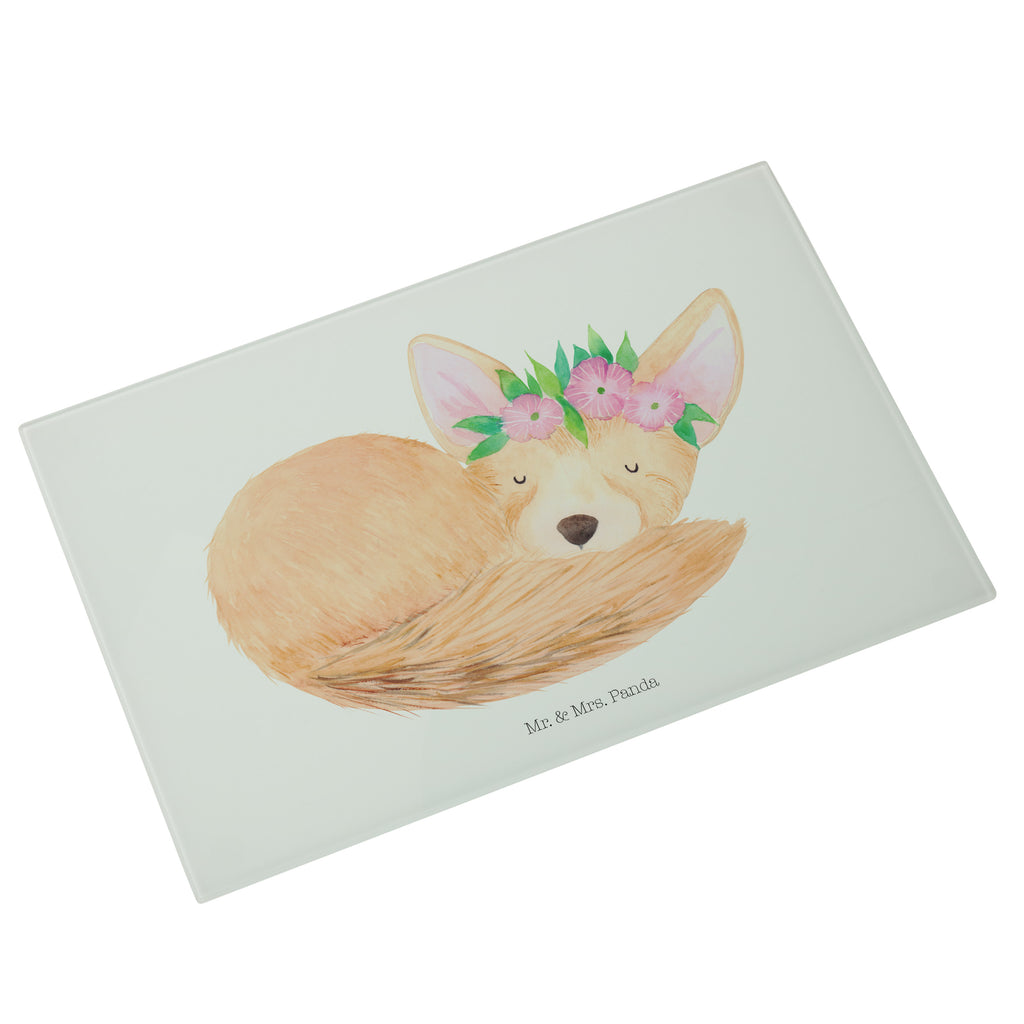 Medium Glas Schneidbrett Wüstenfuchs Blumenkranz Glasschneidebrett, Schneidebrett, Afrika, Wildtiere, Wüste, Wüstenfuchs, Blumen, Blumenkranz, Glücklich