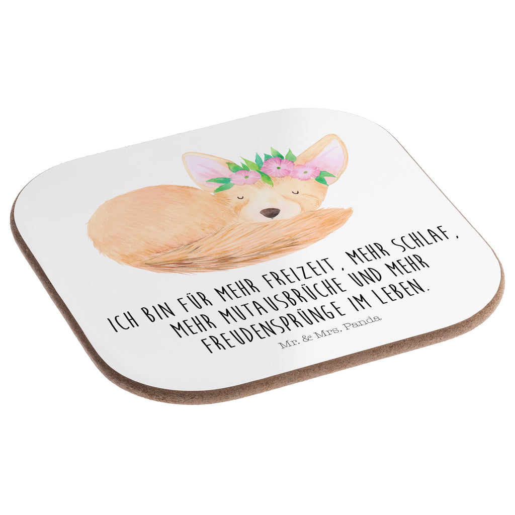 Quadratische Untersetzer Wüstenfuchs Blumenkranz Bierdeckel, Glasuntersetzer, Untersetzer Gläser, Getränkeuntersetzer, Afrika, Wildtiere, Wüste, Wüstenfuchs, Blumen, Blumenkranz, Glücklich