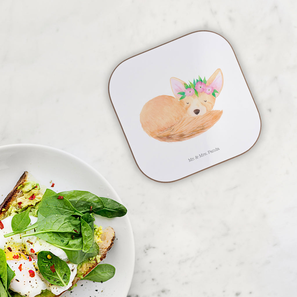 Quadratische Untersetzer Wüstenfuchs Blumenkranz Bierdeckel, Glasuntersetzer, Untersetzer Gläser, Getränkeuntersetzer, Afrika, Wildtiere, Wüste, Wüstenfuchs, Blumen, Blumenkranz, Glücklich