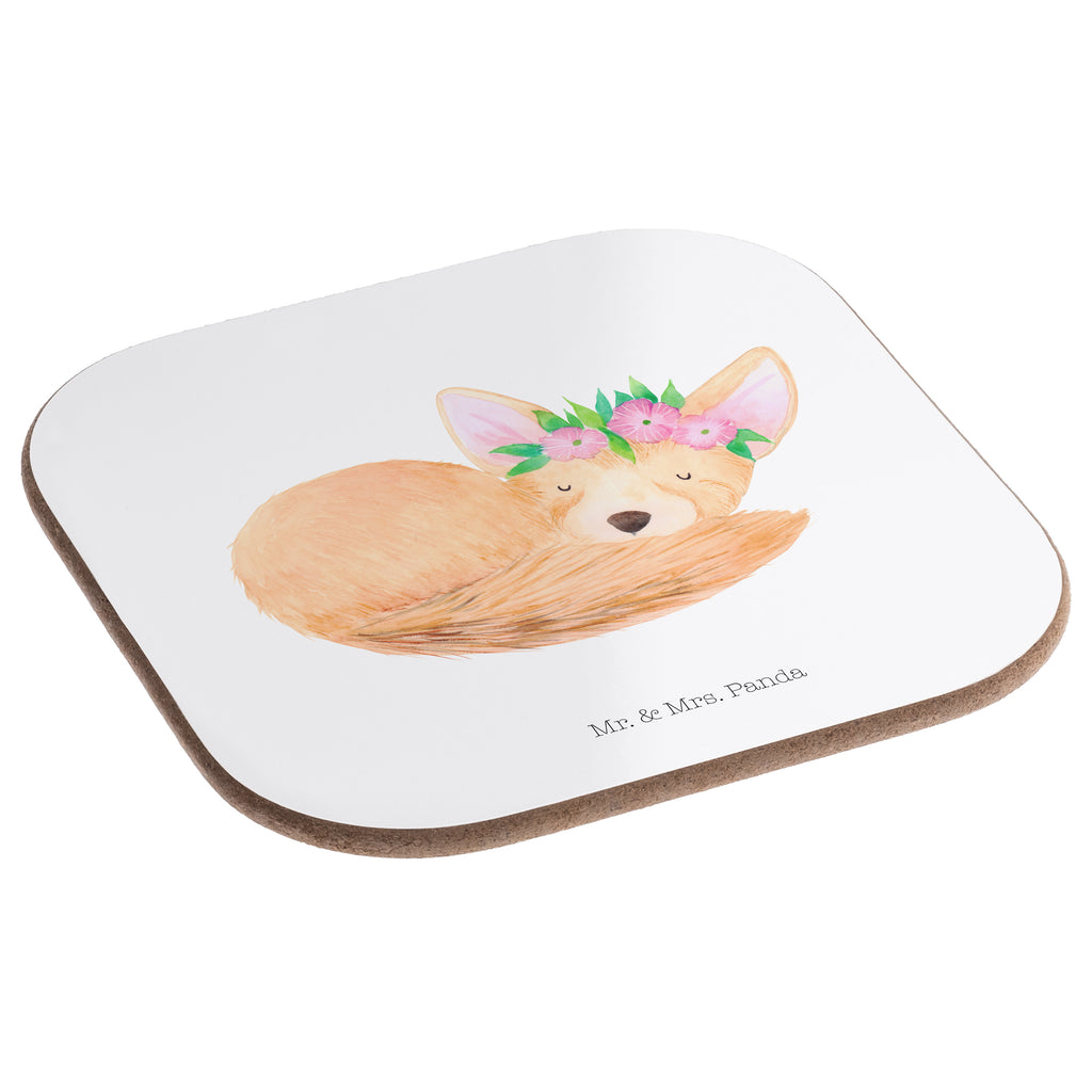 Quadratische Untersetzer Wüstenfuchs Blumenkranz Bierdeckel, Glasuntersetzer, Untersetzer Gläser, Getränkeuntersetzer, Afrika, Wildtiere, Wüste, Wüstenfuchs, Blumen, Blumenkranz, Glücklich