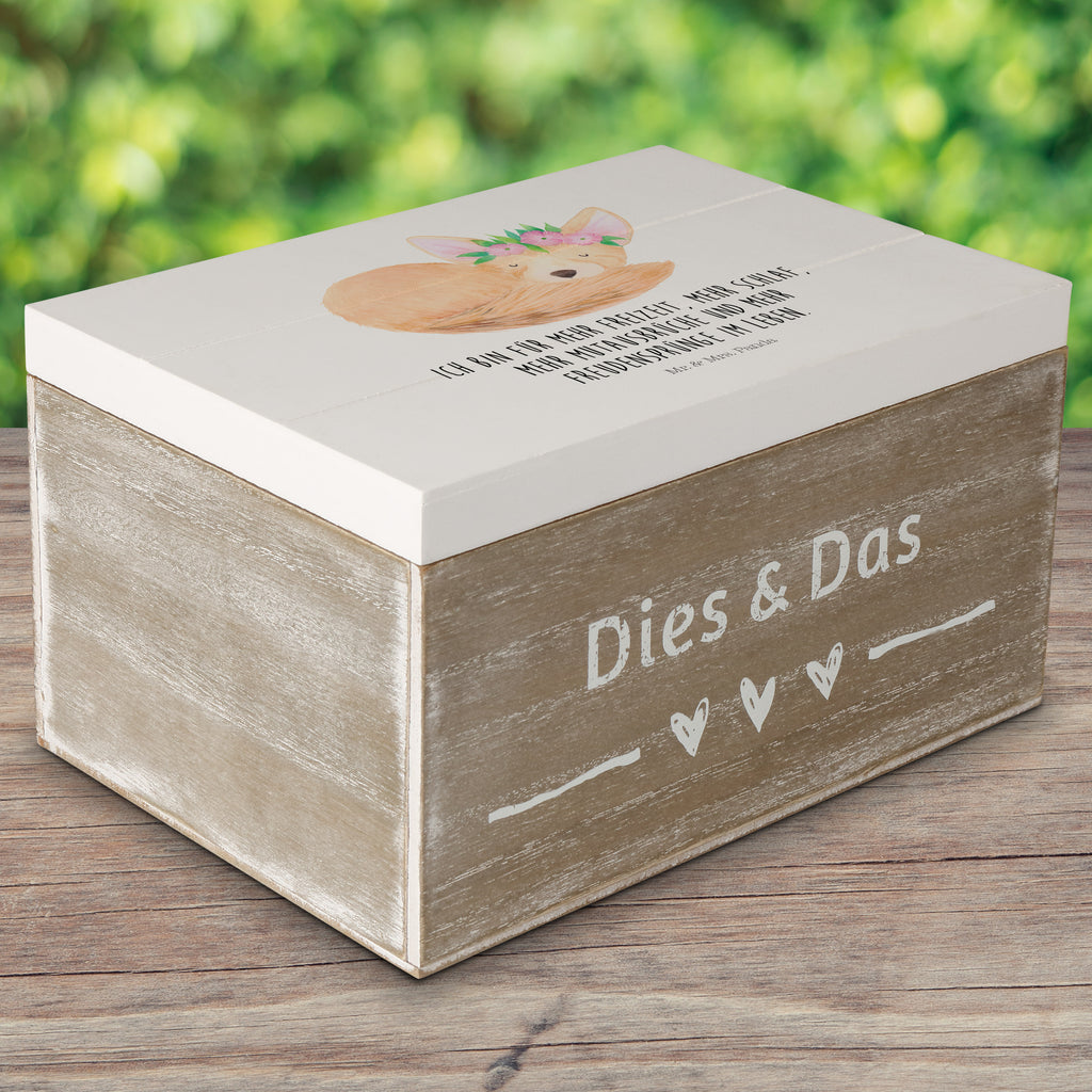Holzkiste Wüstenfuchs Blumenkranz Holzkiste, Kiste, Schatzkiste, Truhe, Schatulle, XXL, Erinnerungsbox, Erinnerungskiste, Dekokiste, Aufbewahrungsbox, Afrika, Wildtiere, Wüste, Wüstenfuchs, Blumen, Blumenkranz, Glücklich