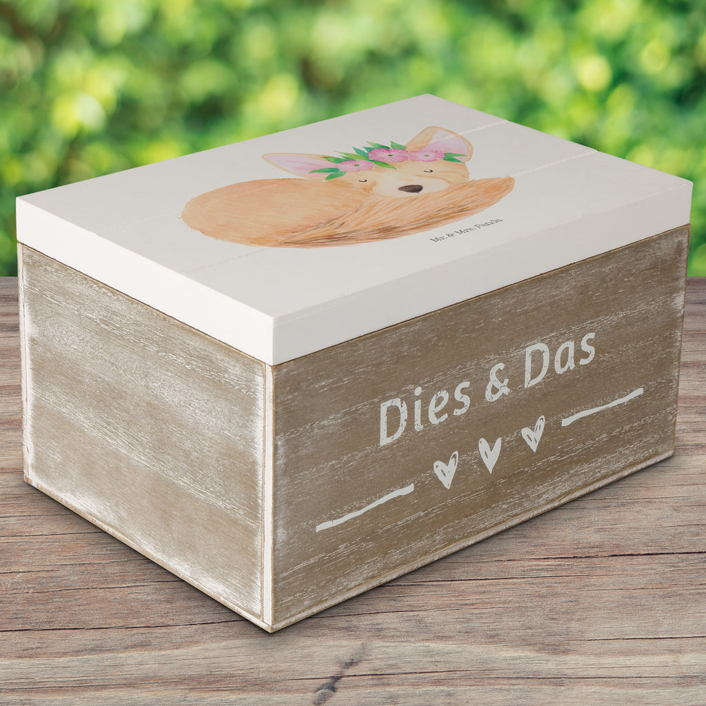Holzkiste Wüstenfuchs Blumenkranz Holzkiste, Kiste, Schatzkiste, Truhe, Schatulle, XXL, Erinnerungsbox, Erinnerungskiste, Dekokiste, Aufbewahrungsbox, Afrika, Wildtiere, Wüste, Wüstenfuchs, Blumen, Blumenkranz, Glücklich